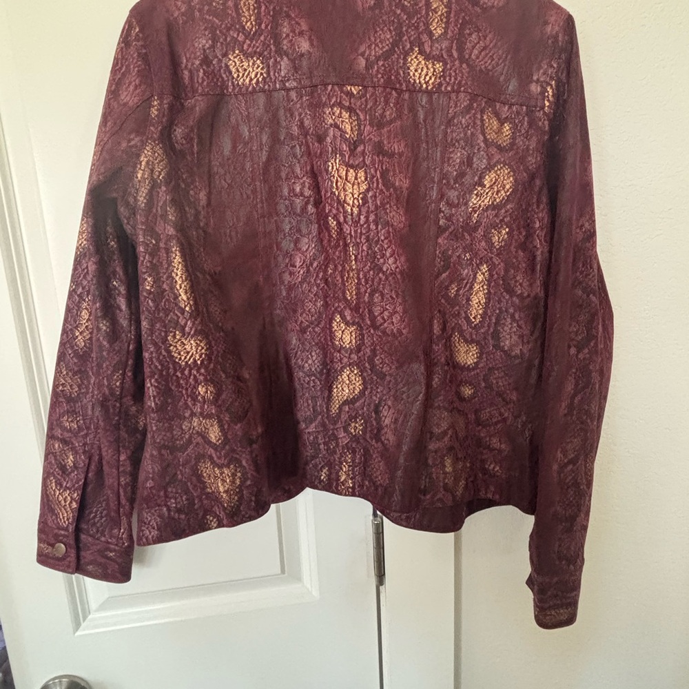 Chic Burgundy and Gold Python Print Leather Jacket - image 3